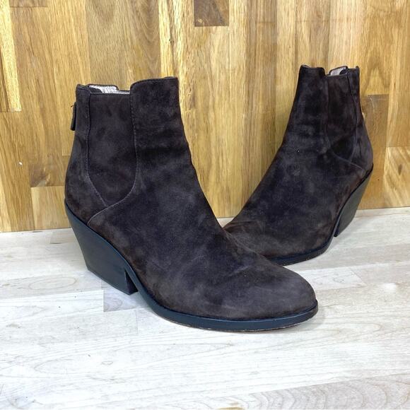 Eileen Fisher Peer Chocolate Brown Suede Almond Toe Stacked Heel Ankle Boot 6.5 - Picture 1 of 10